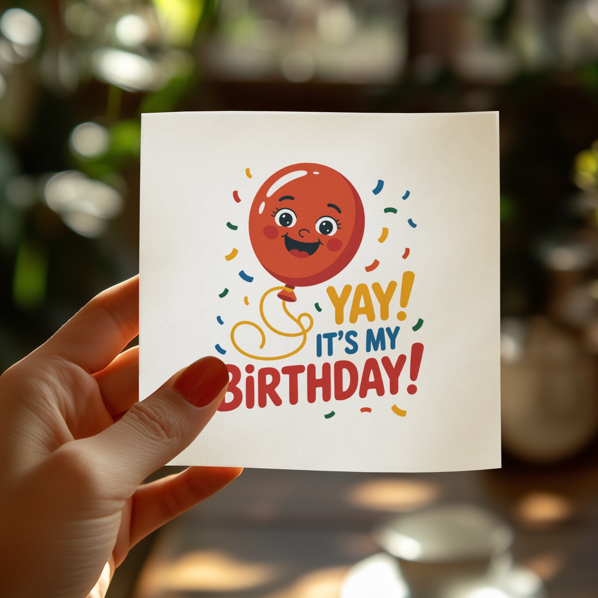 Red balloon with "YAY! It's my BIRTHDAY!" text on a card held by a hand.
