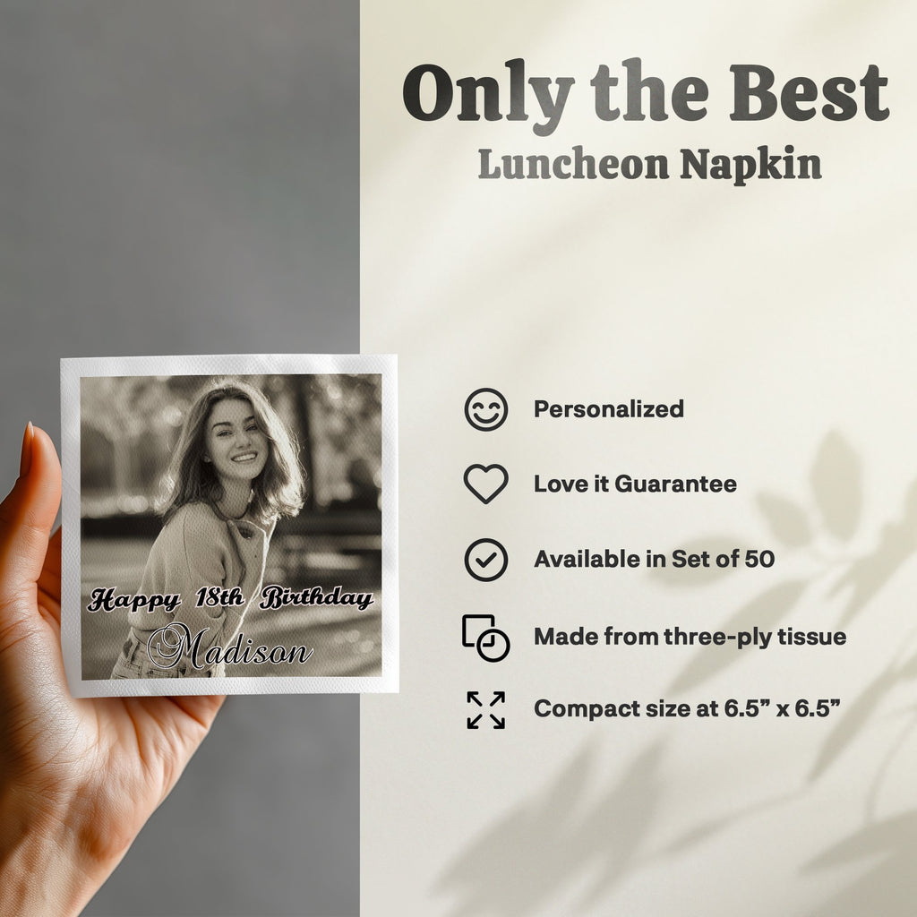 Luncheon napkin with "Happy 18th Birthday Madison" and personalized features.
