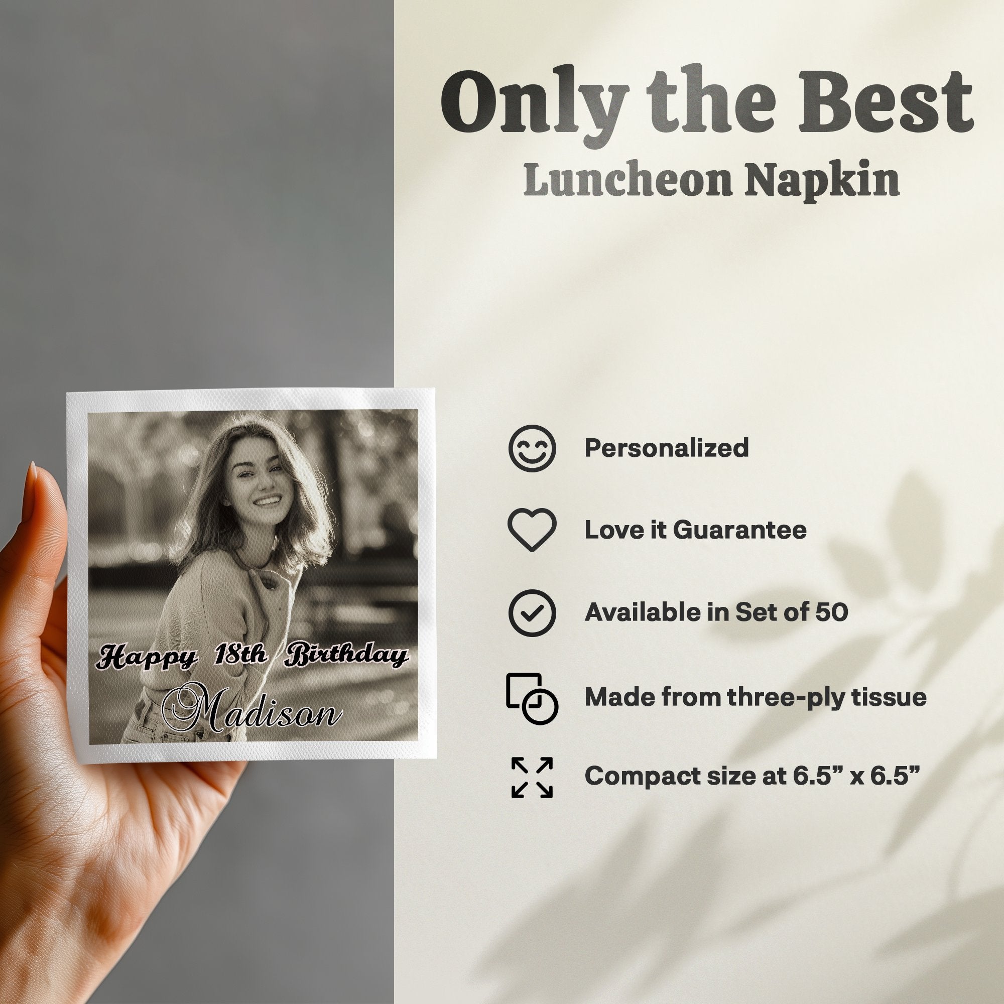 Luncheon napkin with "Happy 18th Birthday Madison" and personalized features.