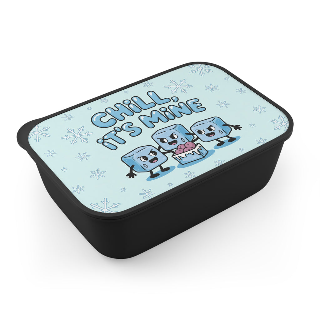 Black container with cartoon ice cubes and snowflakes, reads "CHILL, IT'S MINE."