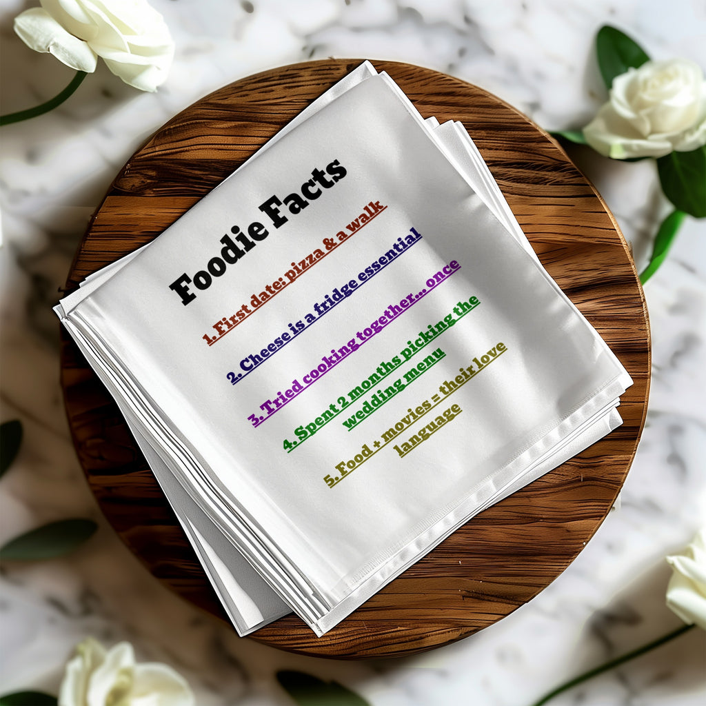White napkin with "Foodie Facts" and five numbered relationship milestones.