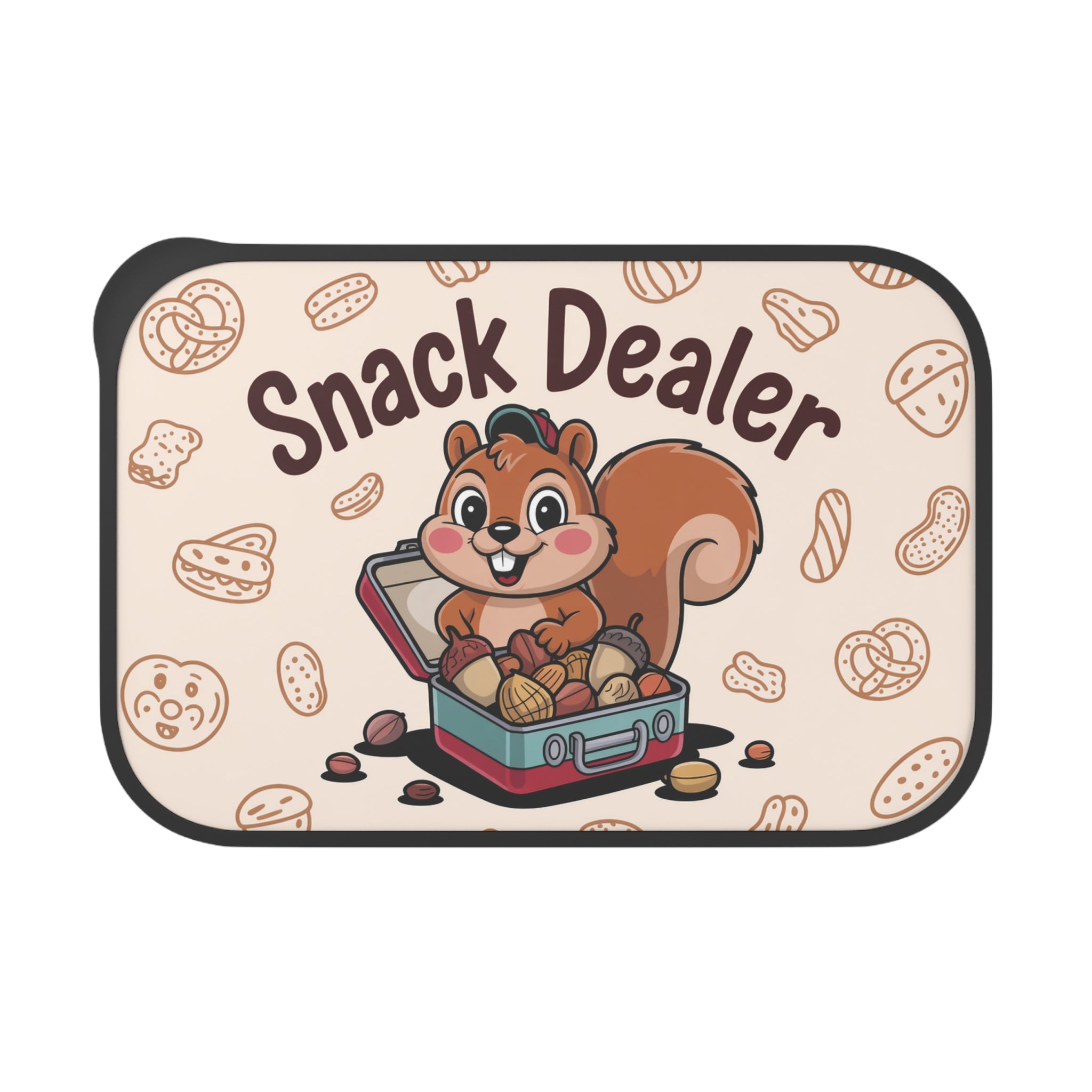 Squirrel peeking out of a lunchbox filled with nuts and snacks.