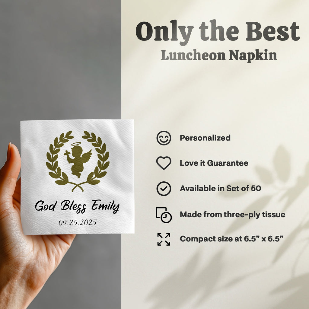 Luncheon napkin with "God Bless Emily" and a date, plus product features.