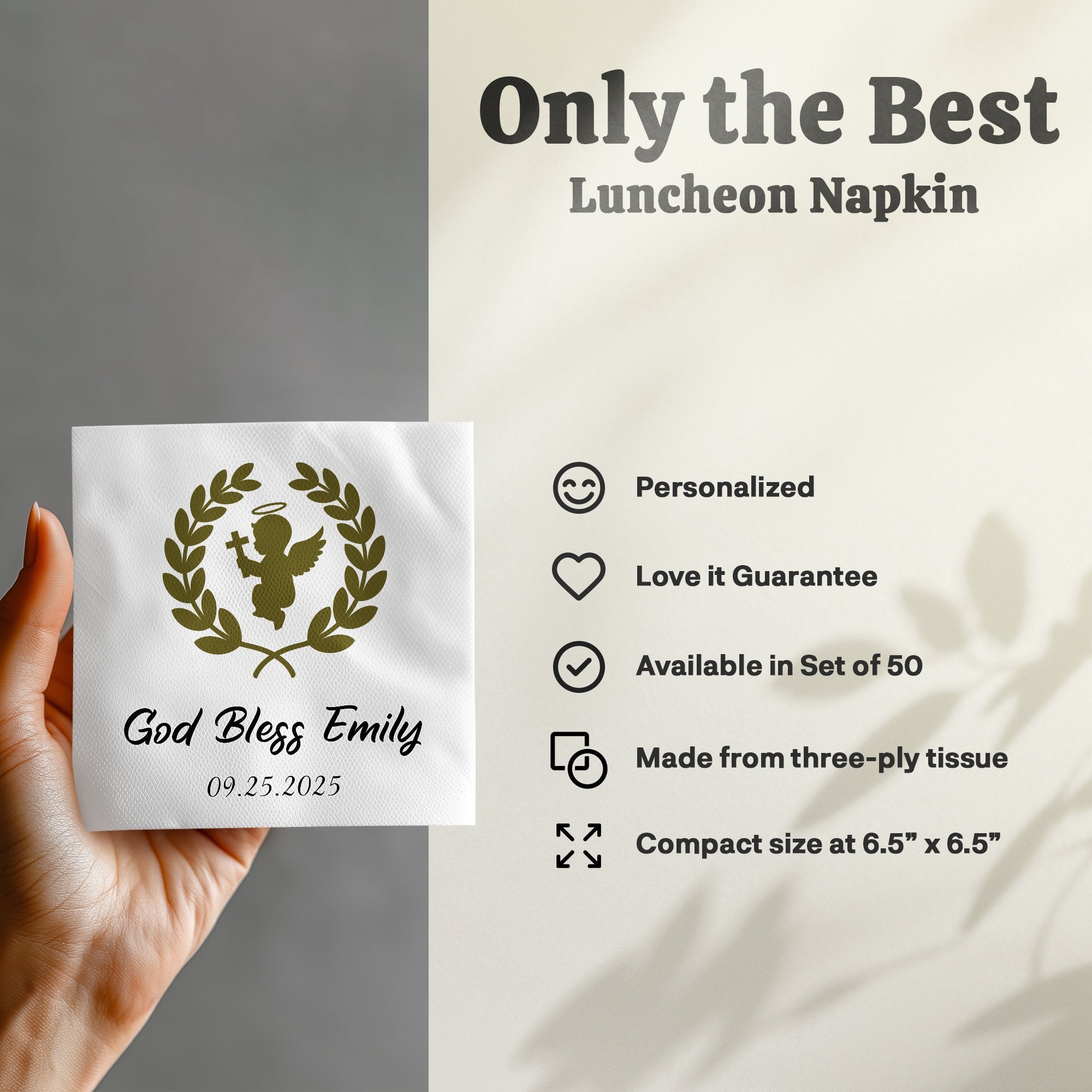 Luncheon napkin with "God Bless Emily" and a date, plus product features.