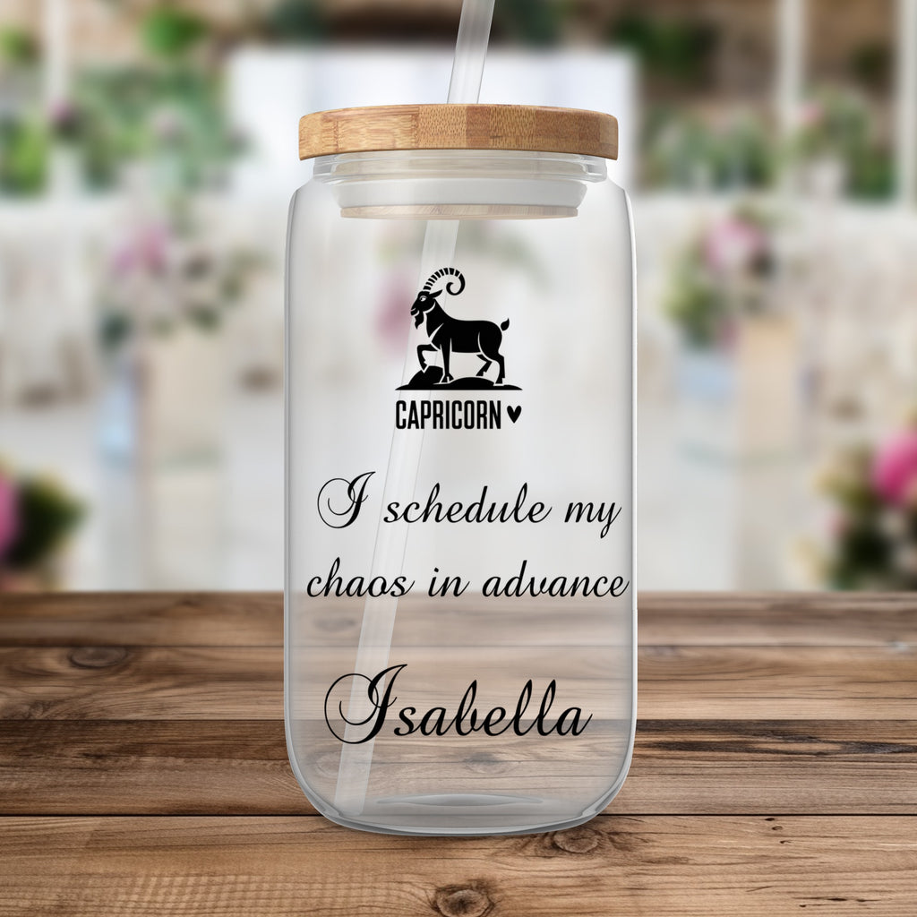 Glass tumbler with Capricorn zodiac symbol and custom name "Isabella".