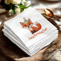 Stack of white napkins with a cartoon fox wearing a party hat and the text "Foxy Birthday Fun!".