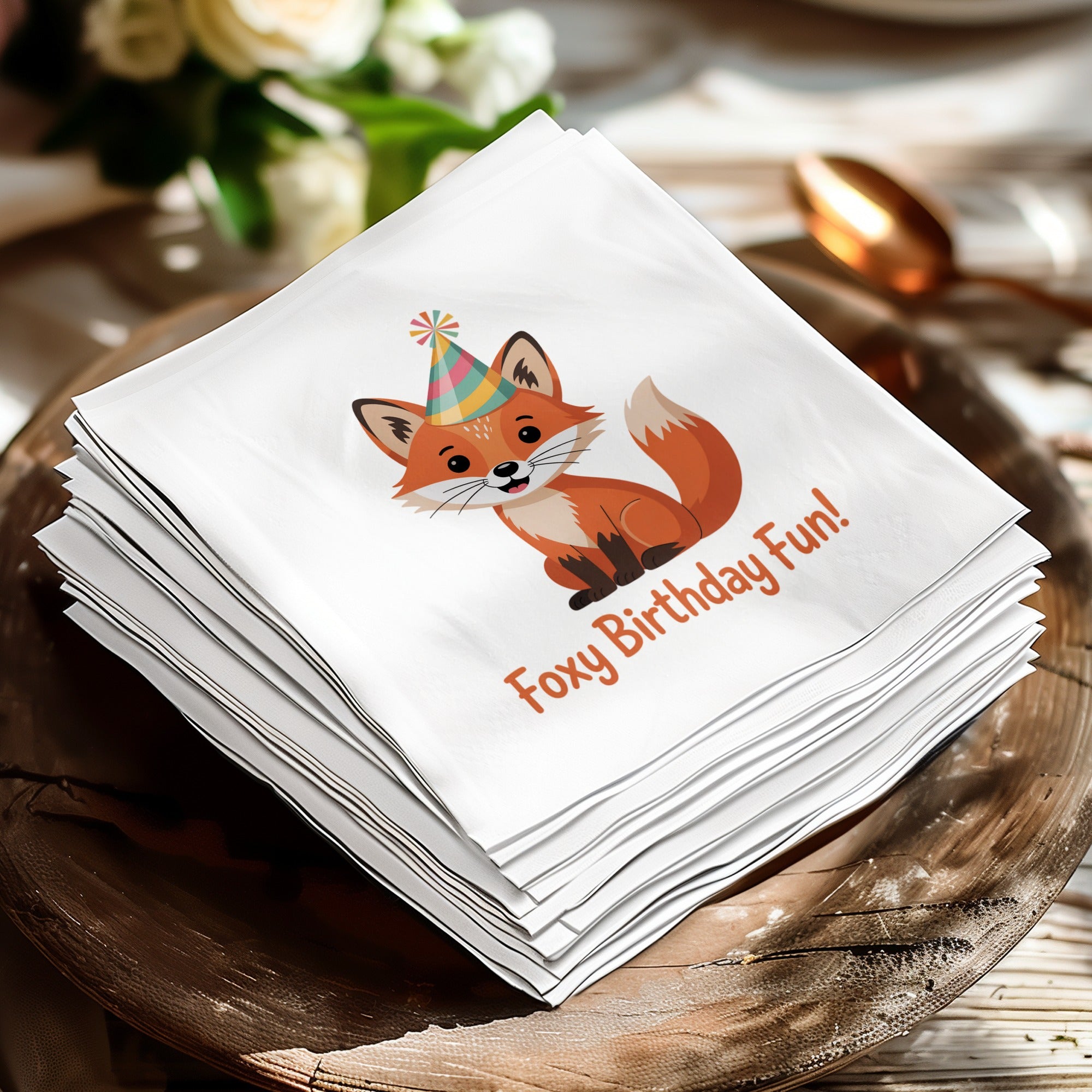 Stack of white napkins with a cartoon fox wearing a party hat and the text "Foxy Birthday Fun!".