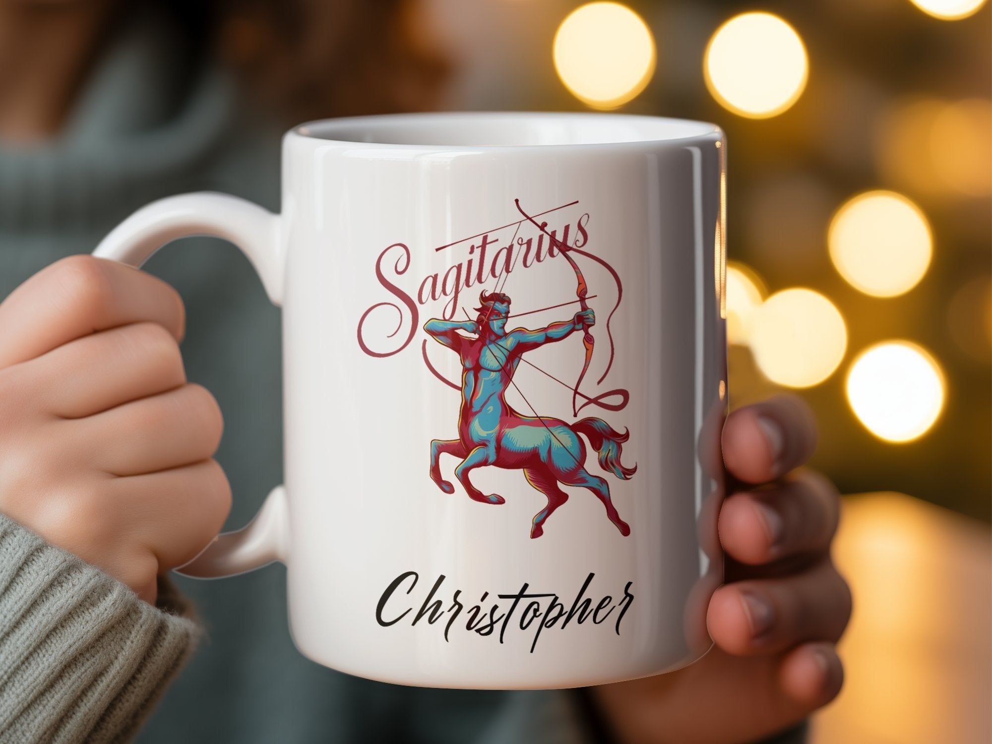 Sagittarius mug with name Christopher, featuring a centaur archer design.