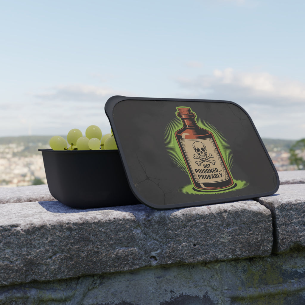 Black lunchbox with grapes and a "Not Poisoned. Probably." skull and bottle sticker.