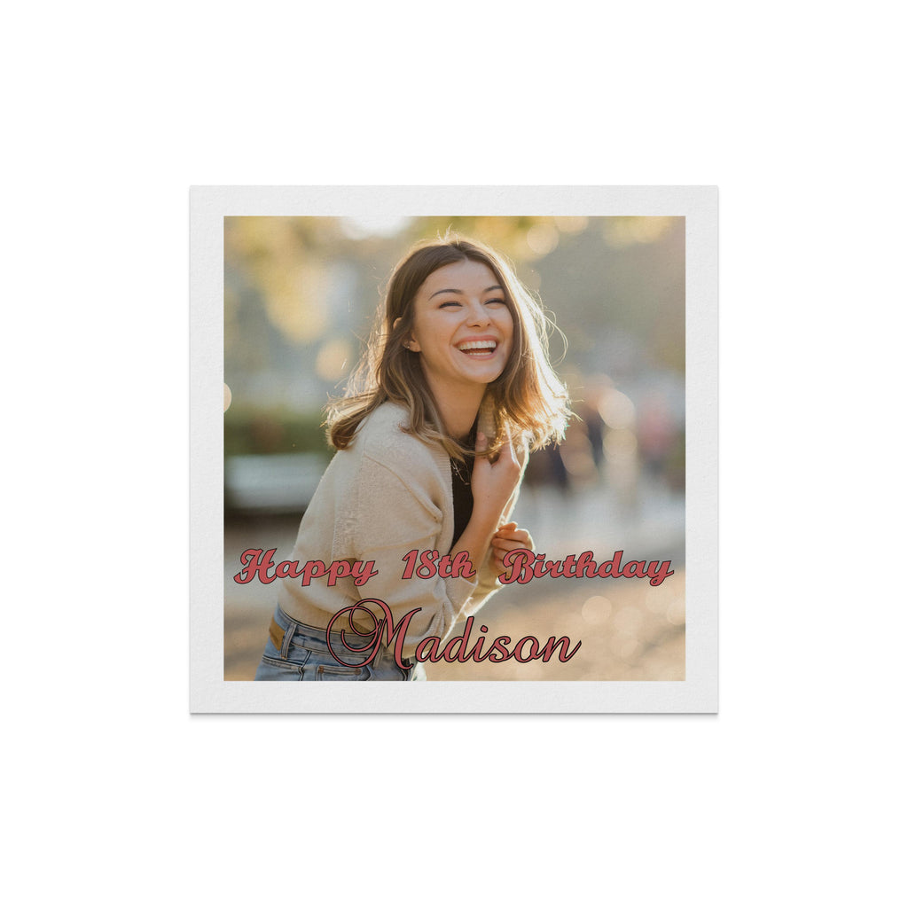 Happy 18th Birthday Madison text overlaid on a smiling young woman.