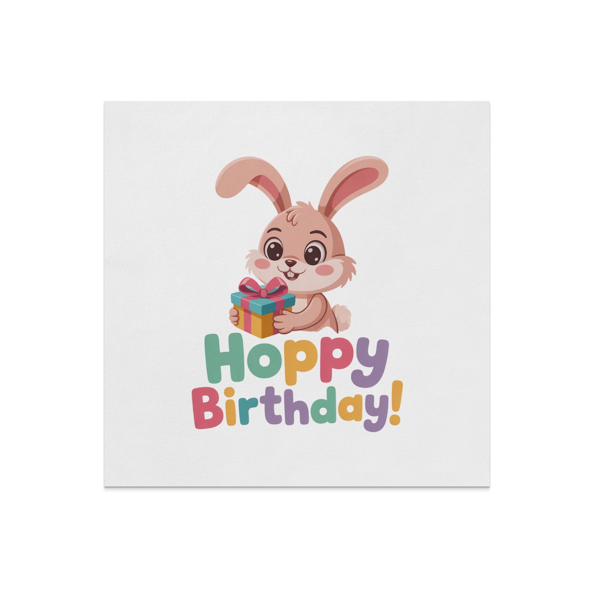 Cute bunny holding a gift box with "Hoppy Birthday!" text.