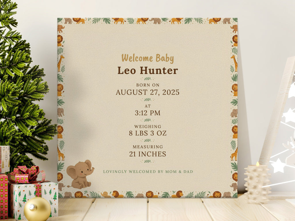 Baby birth announcement for Leo Hunter, born August 27, 2025, weighing 8 lbs 3 oz.