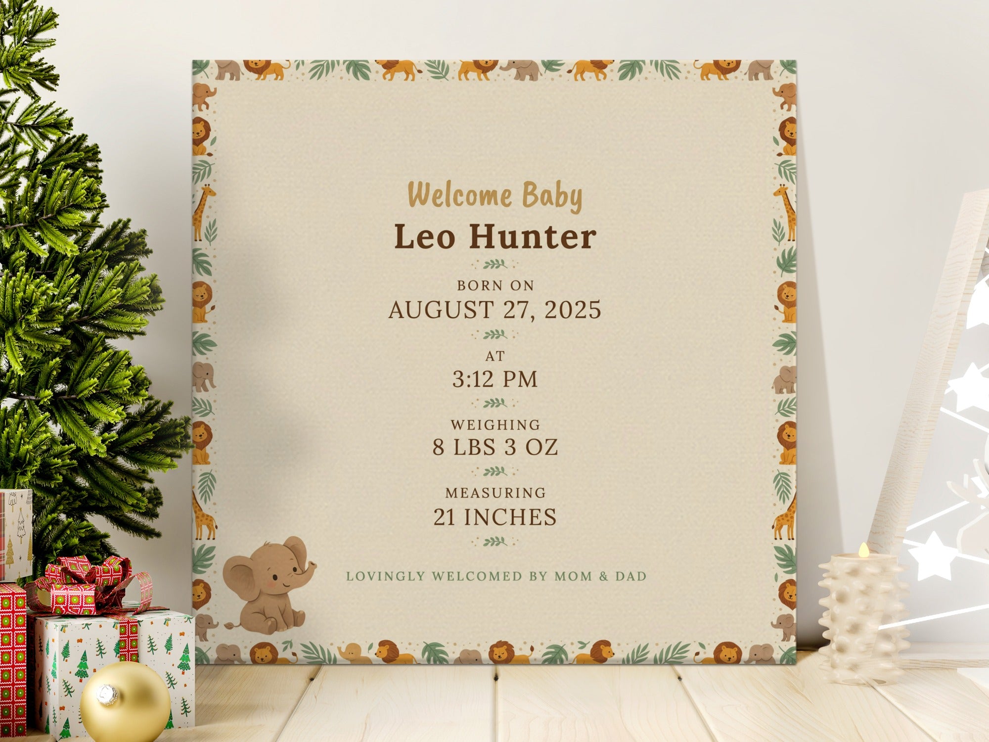 Baby birth announcement for Leo Hunter, born August 27, 2025, weighing 8 lbs 3 oz.