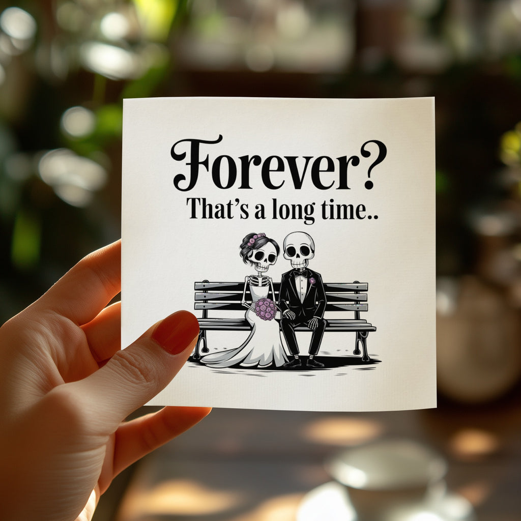 Skeleton couple in wedding attire on bench with "Forever? That's a long time.." text.