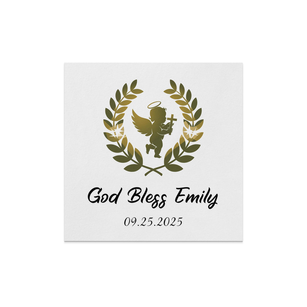 Gold angel with halo and wings holding cross, "God Bless Emily" and date.