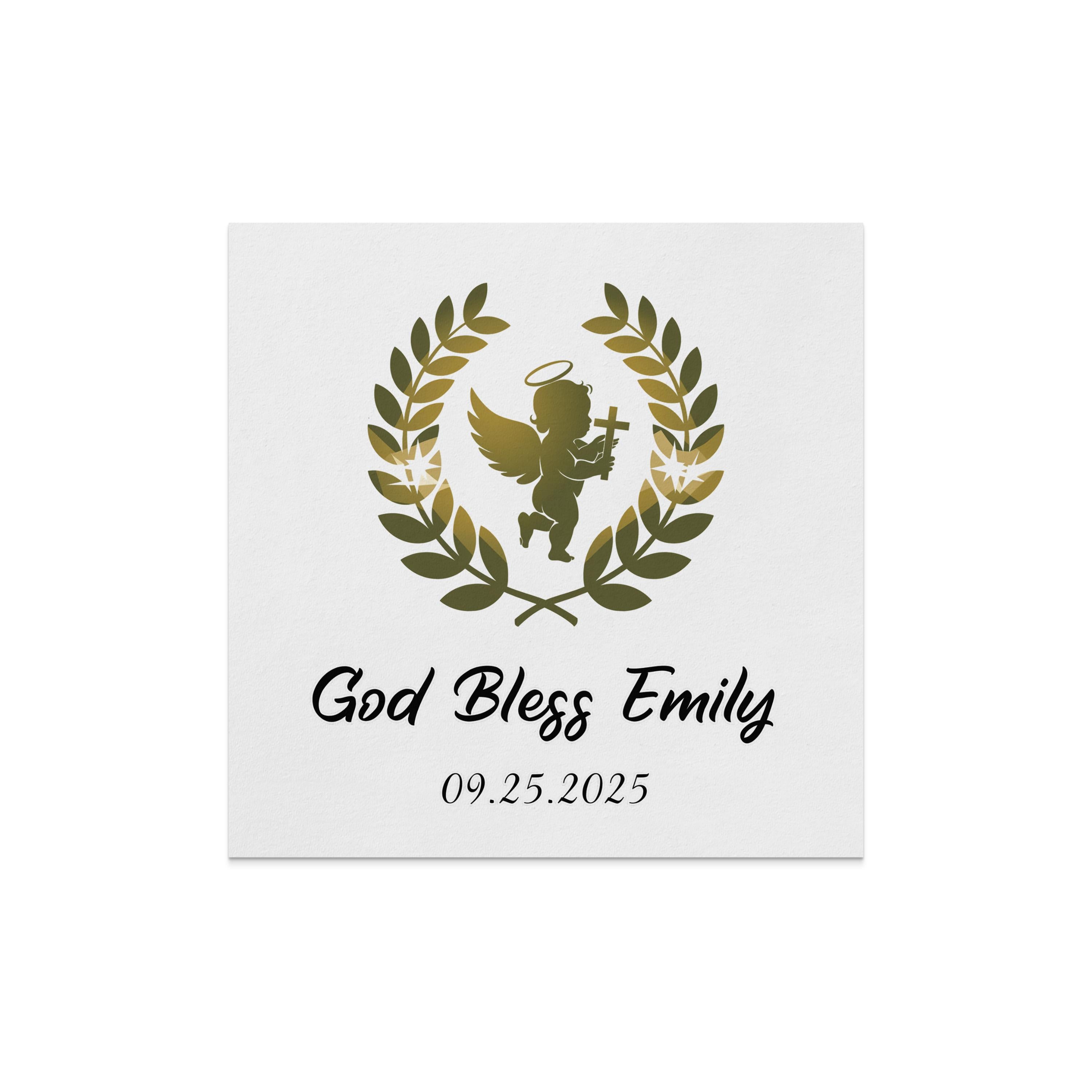 Gold angel with halo and wings holding cross, "God Bless Emily" and date.