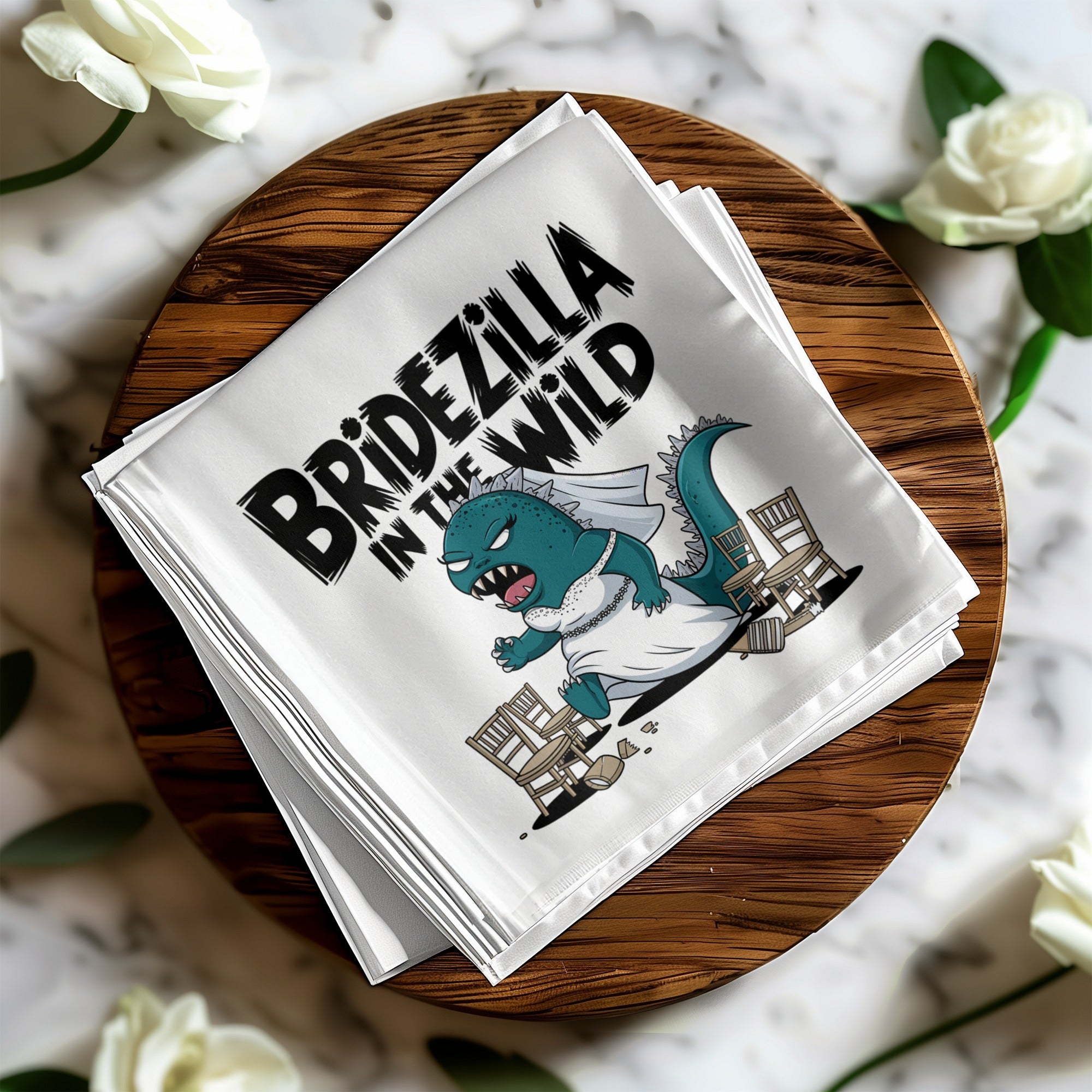 Cartoon bridezilla monster destroying chairs, text "BRIDEZILLA IN THE WILD".