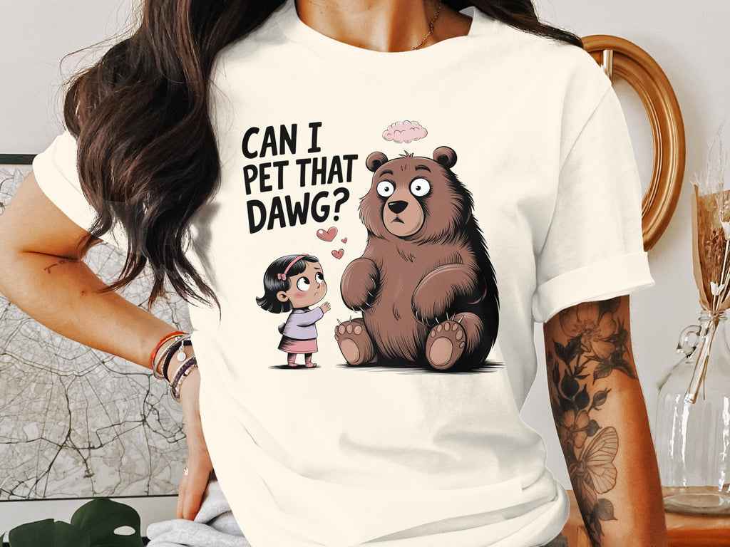 Girl asking bear "Can I pet that dawg?" with hearts.