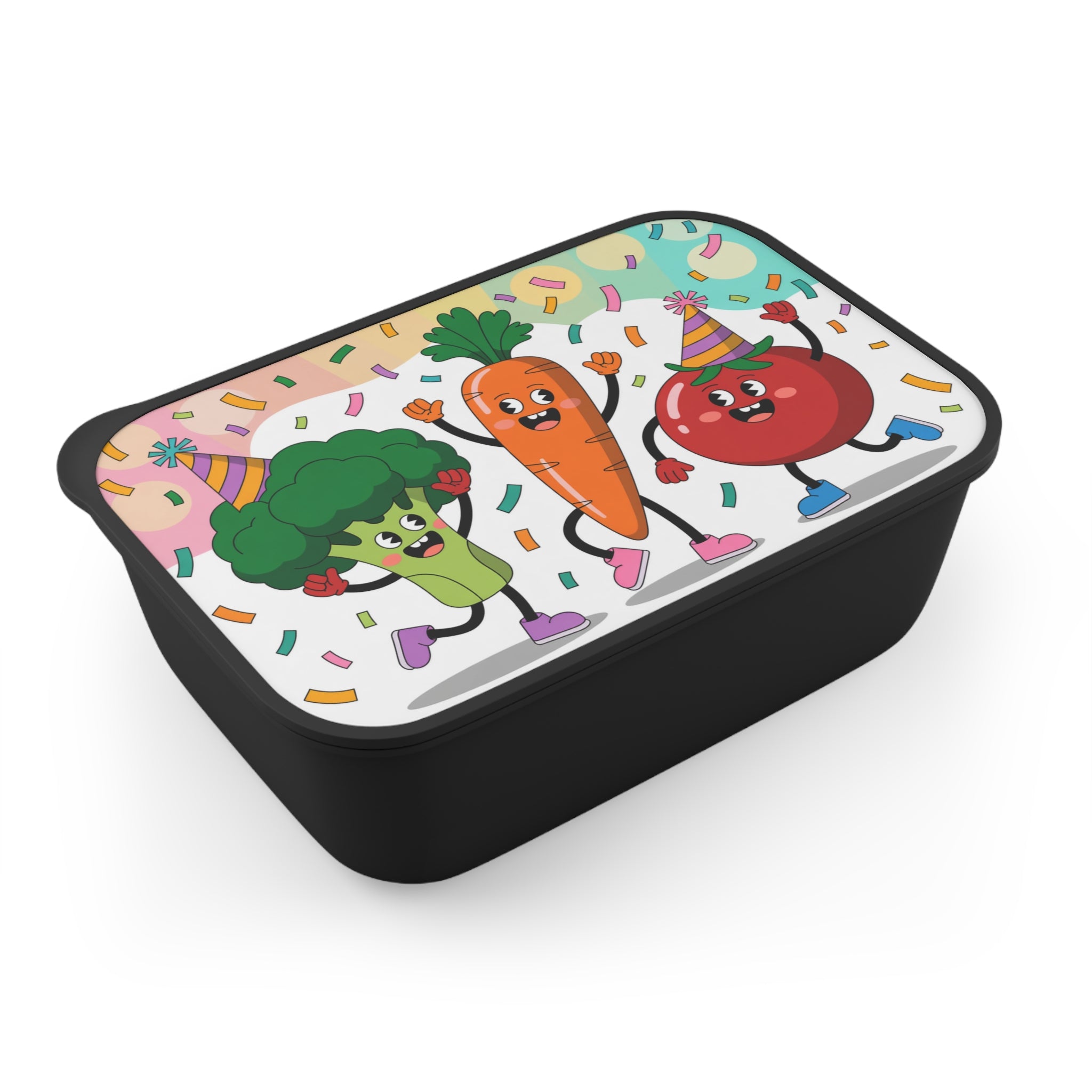 Happy broccoli, carrot, and tomato characters on a black lunchbox with party hats.