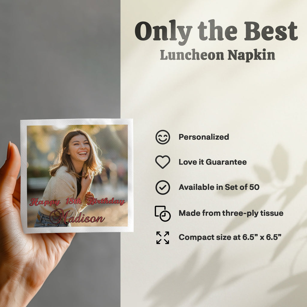 Luncheon napkin with "Happy 18th Birthday Madison" photo and product details.