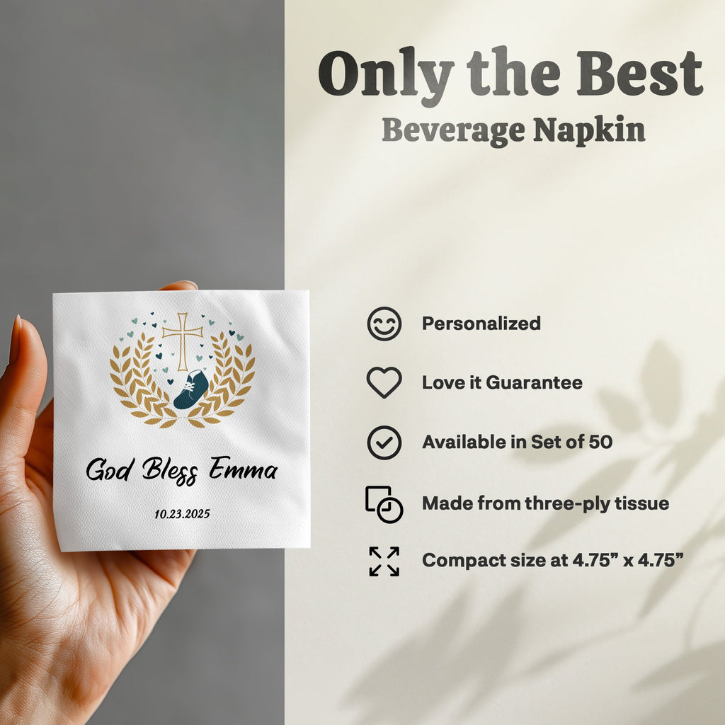 Beverage napkin with "God Bless Emma" and a cross design.
