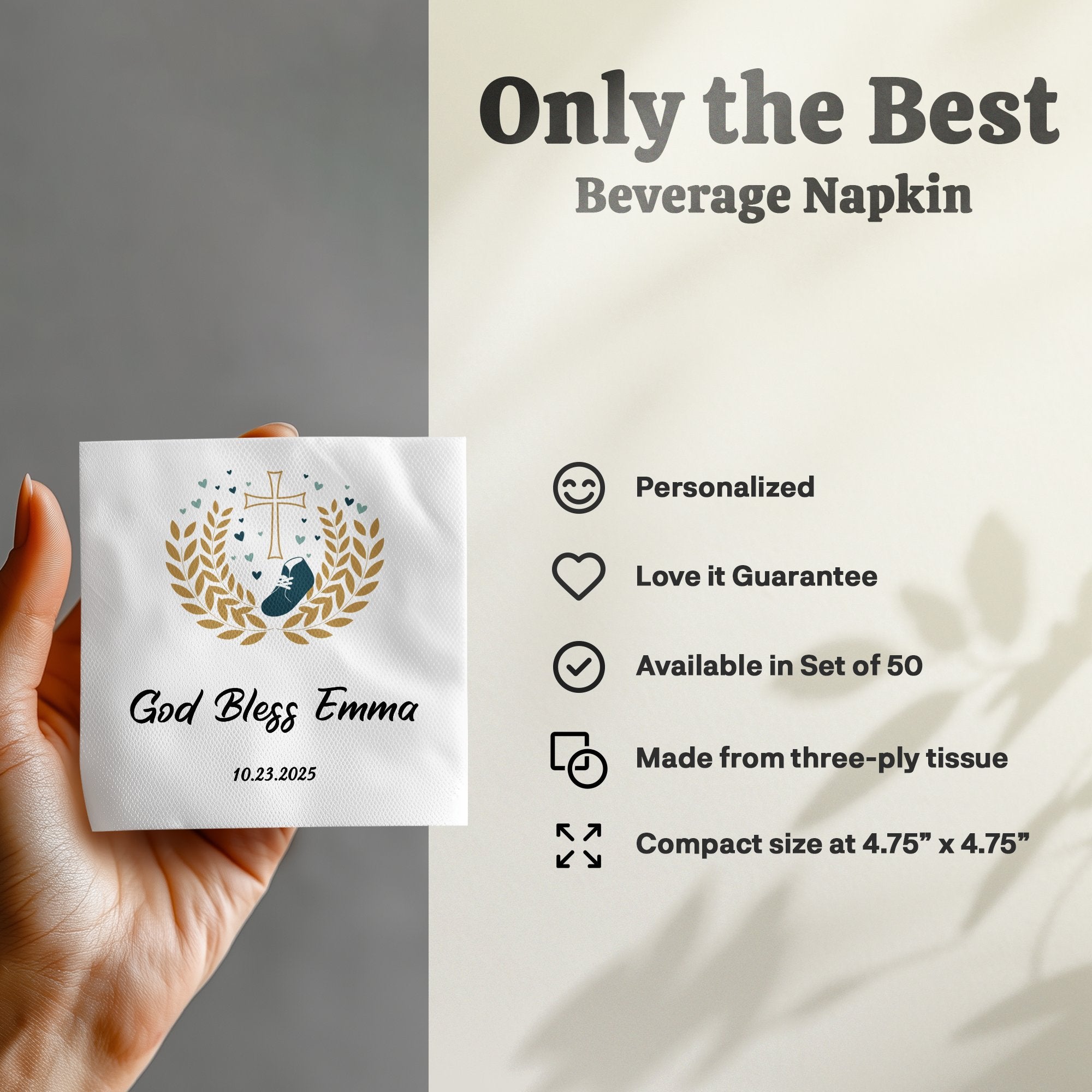 Beverage napkin with "God Bless Emma" and a cross design.