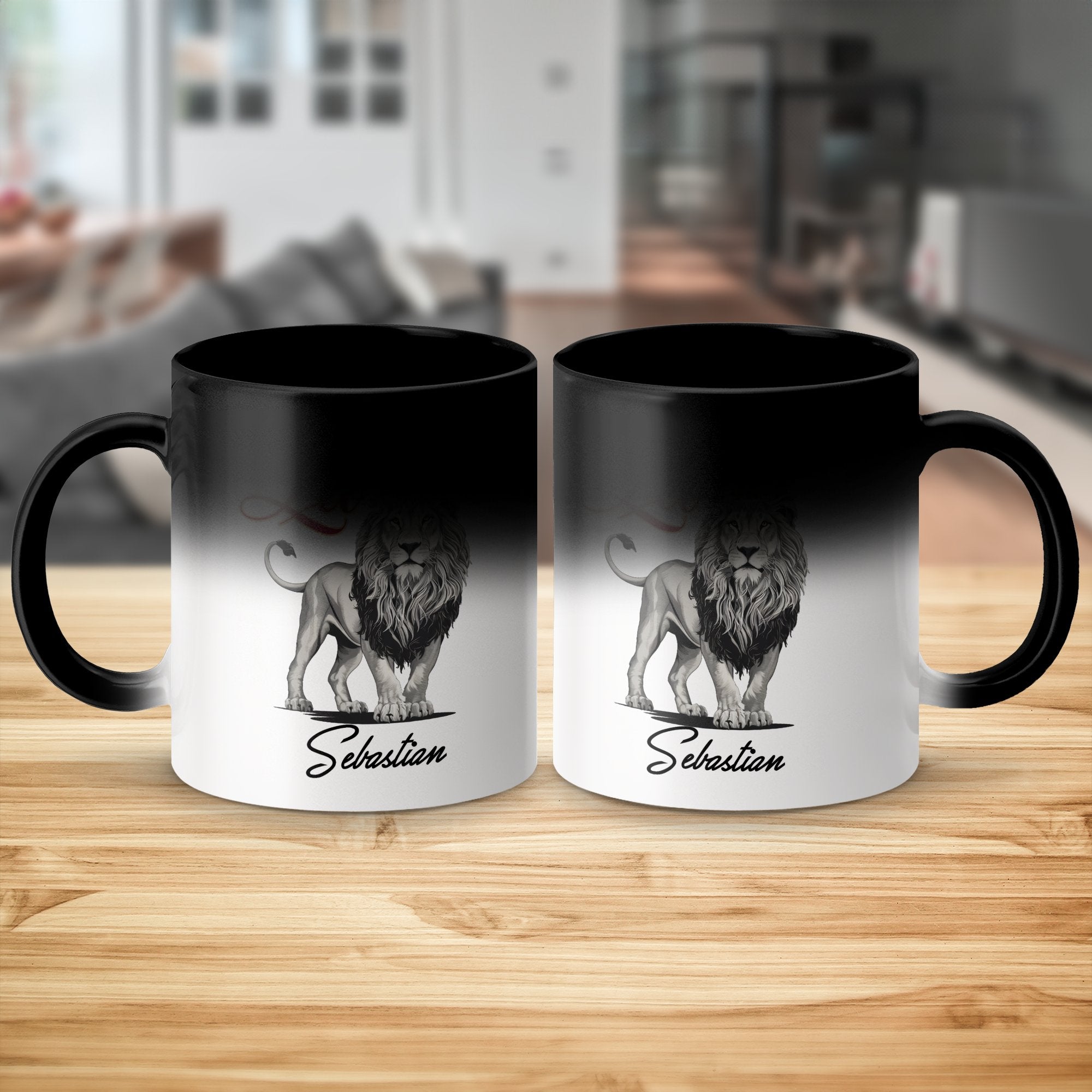 Two black and white magic mugs with a lion and "Sebastian" text.