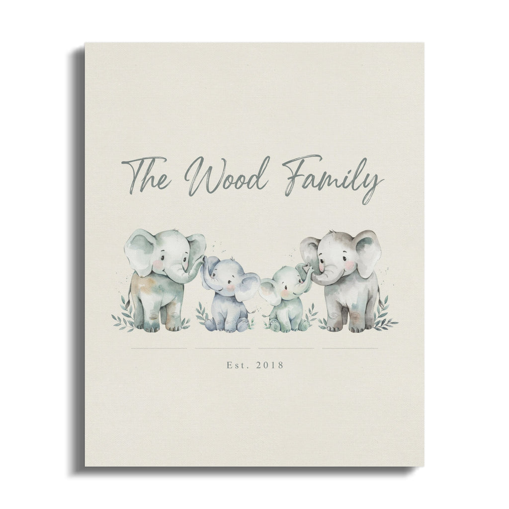 "The Wood Family" and "Est. 2018" with watercolor elephants on a textured background.
