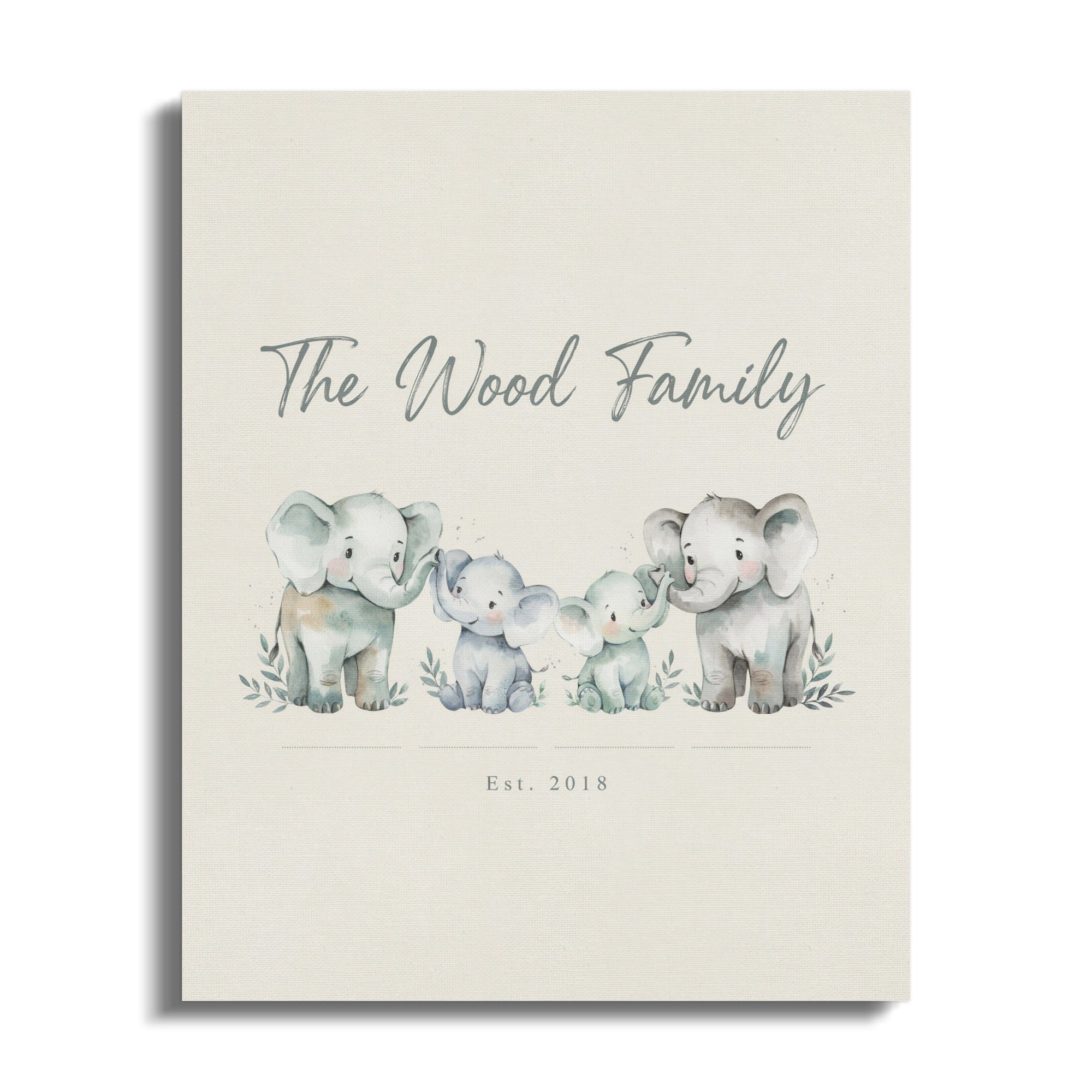 "The Wood Family" and "Est. 2018" with watercolor elephants on a textured background.