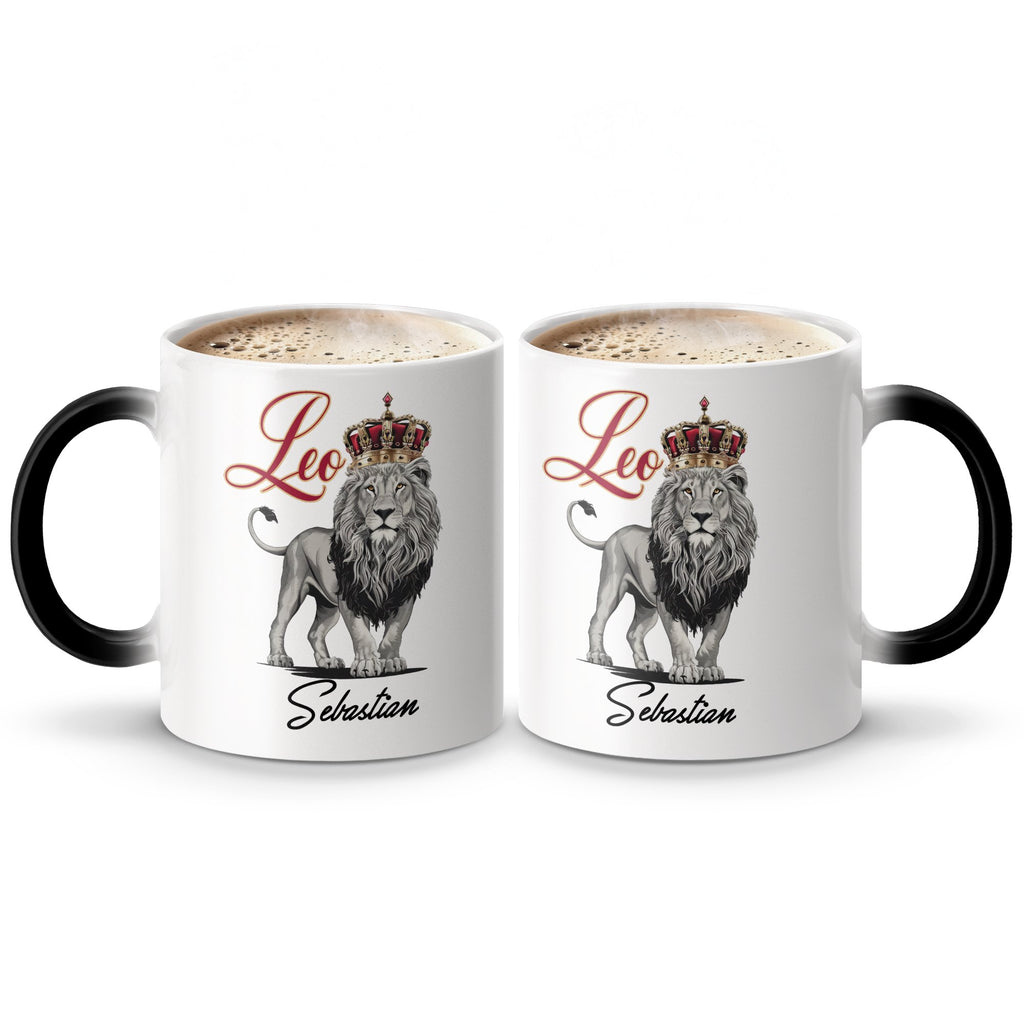 White mug with two lions wearing crowns, personalized with "Leo Sebastian".