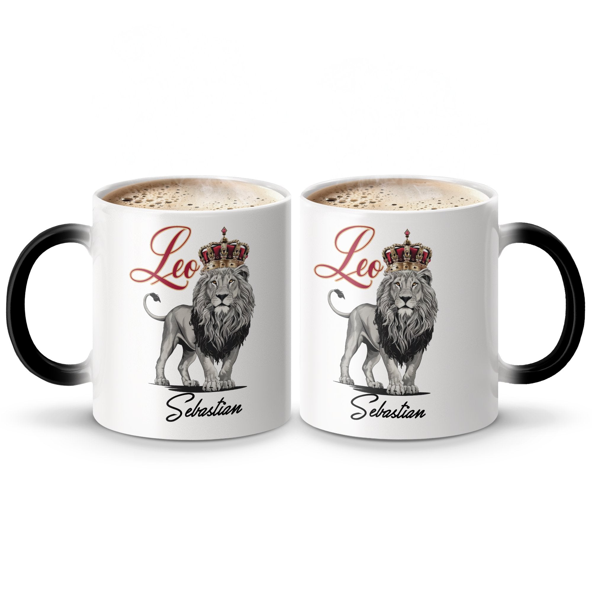 White mug with two lions wearing crowns, personalized with "Leo Sebastian".