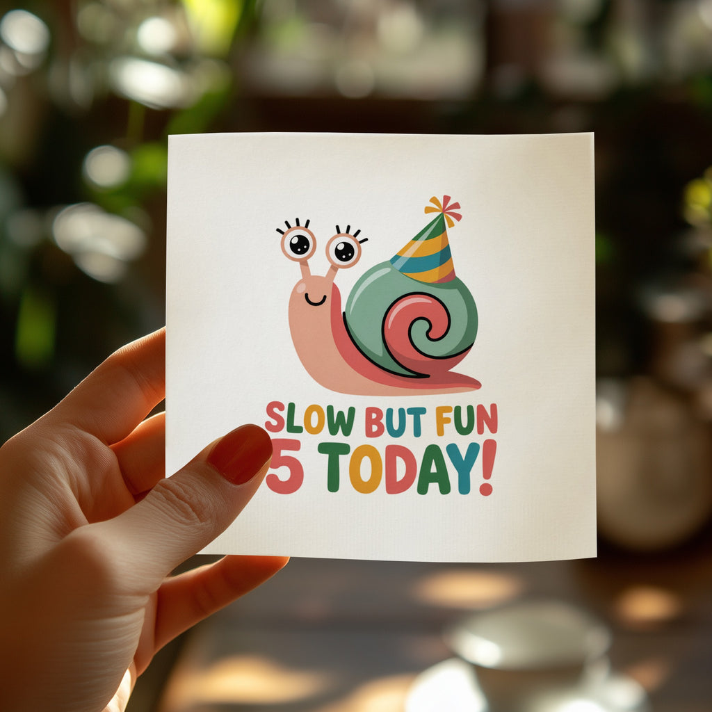 Card with cartoon snail wearing party hat, reads "Slow But Fun 5 Today!".