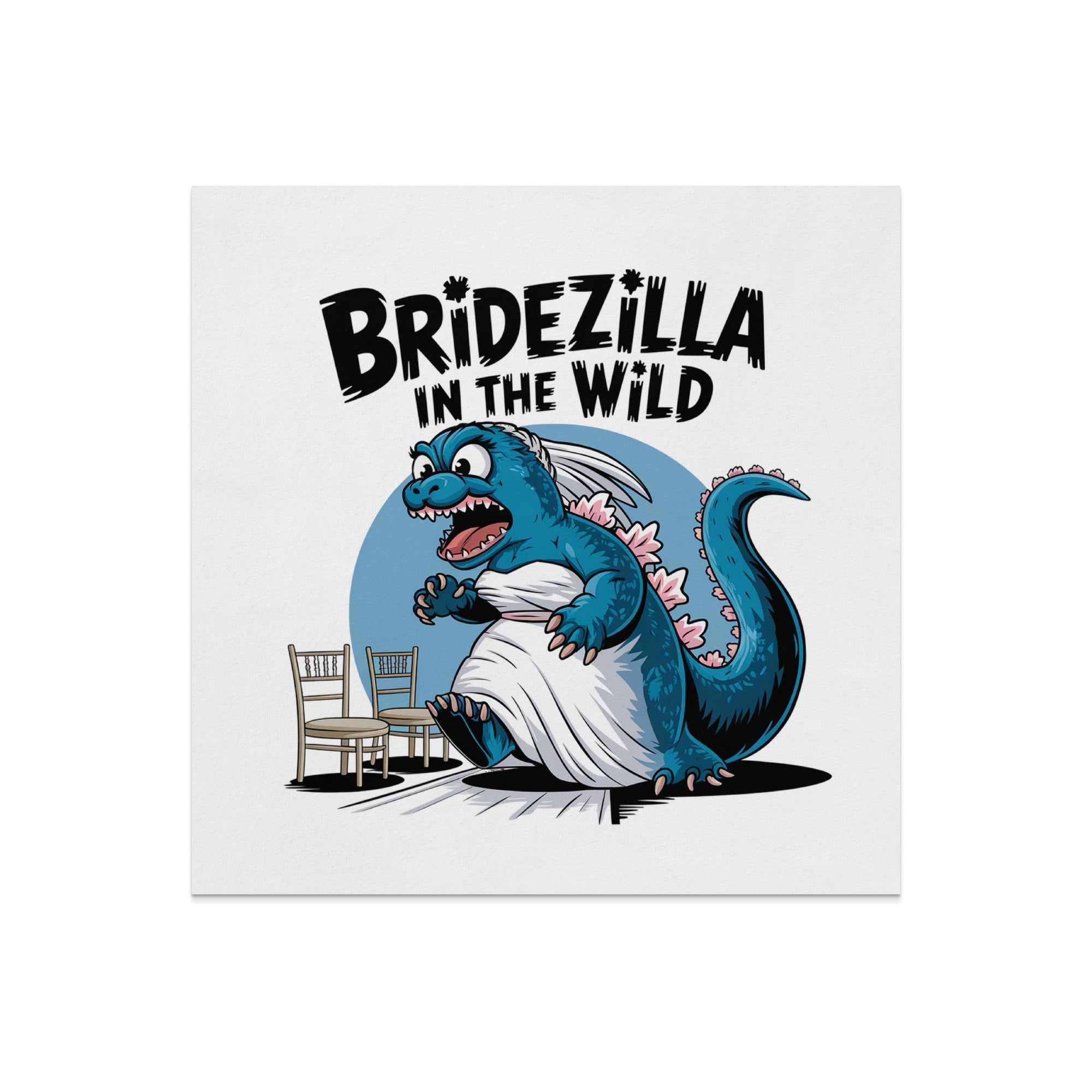 Bridezilla illustration of a blue monster in a wedding dress with chairs.