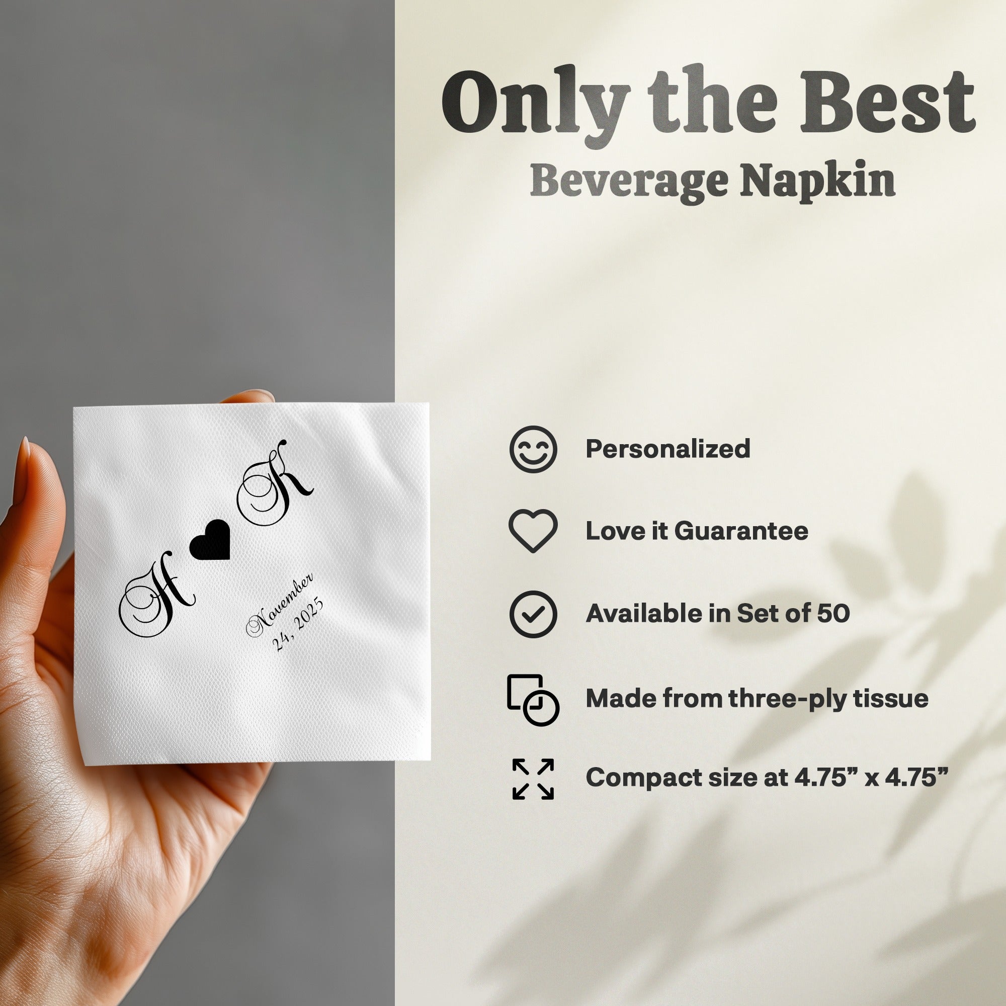 Beverage napkin with "HK" initials, "November 24, 2025" date, and product details.