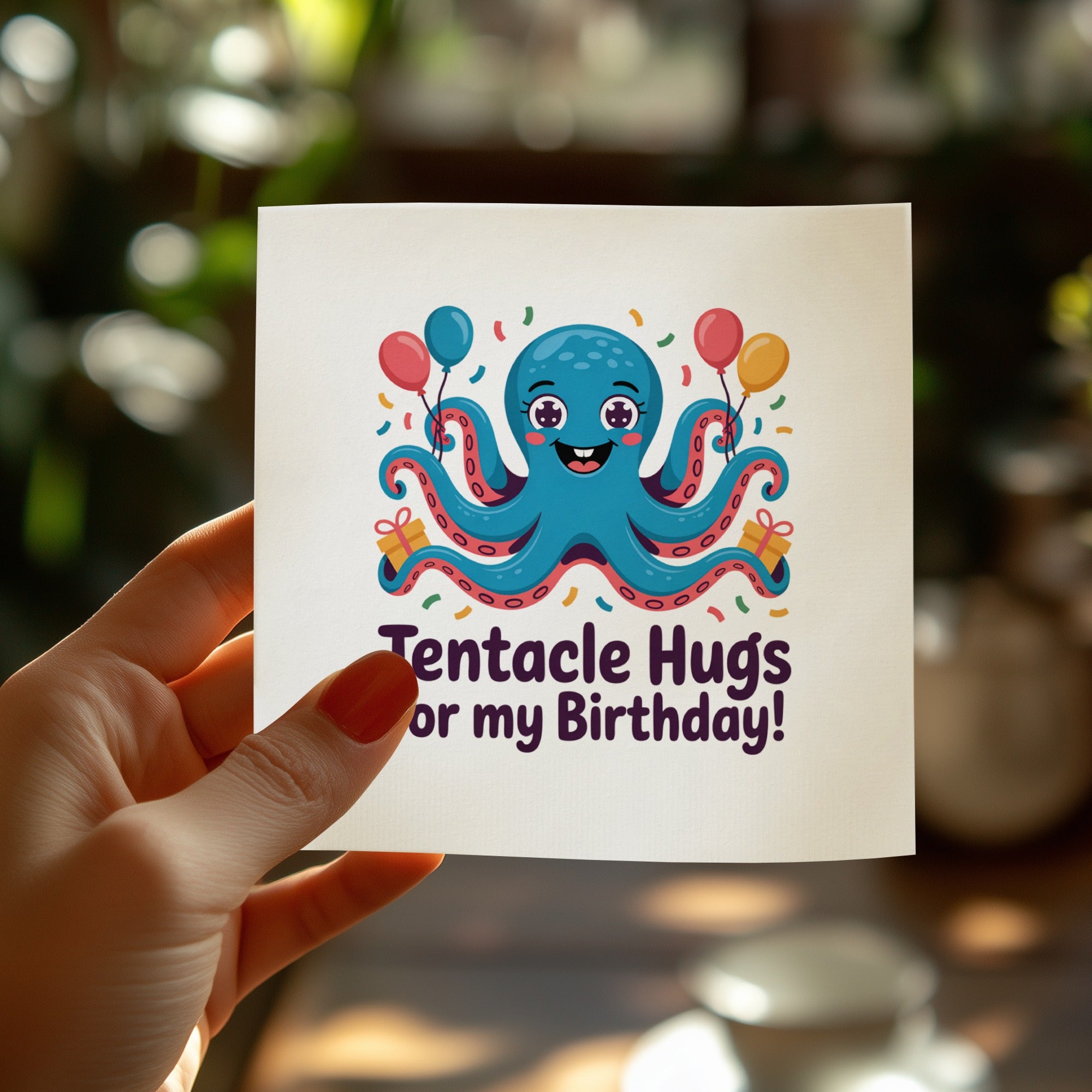 Blue cartoon octopus with balloons and confetti, "Tentacle Hugs for my Birthday!" text.