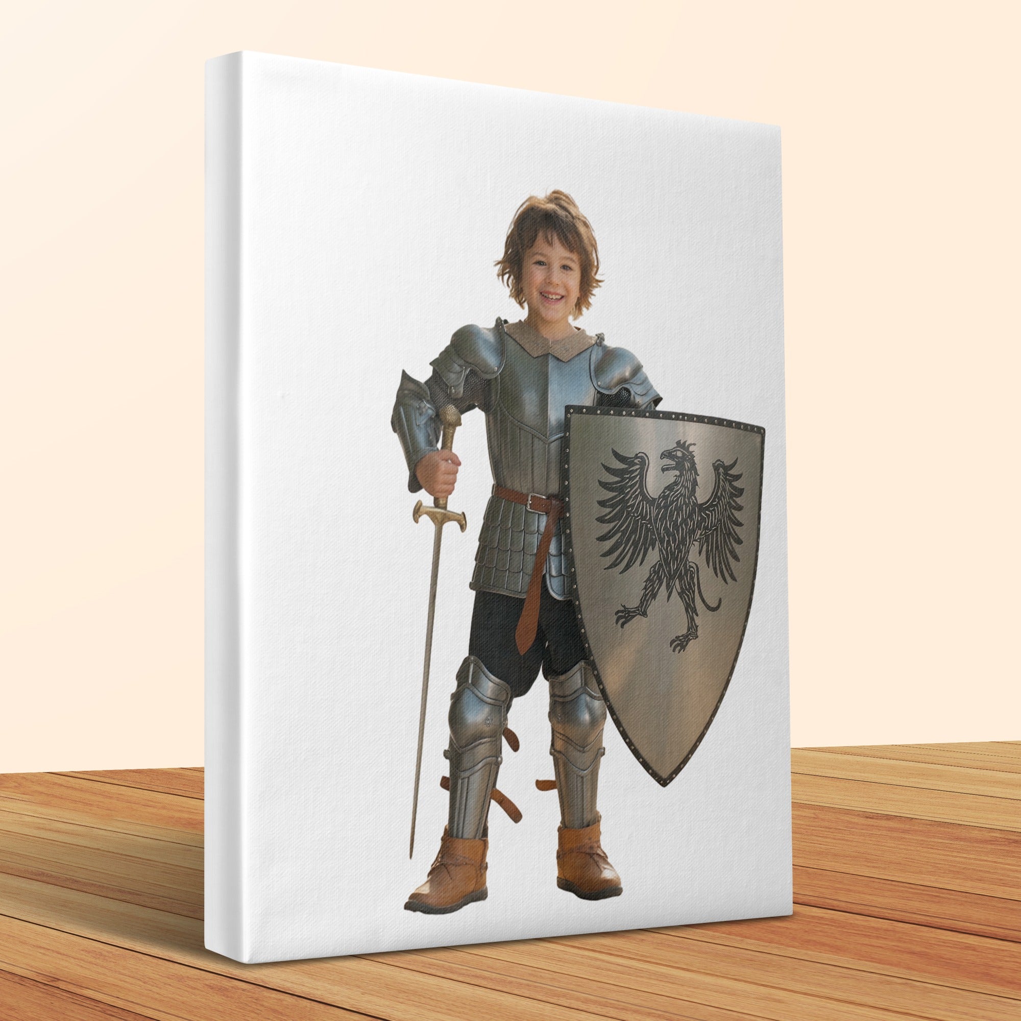 Young boy in full knight's armor holding sword and shield with eagle emblem.