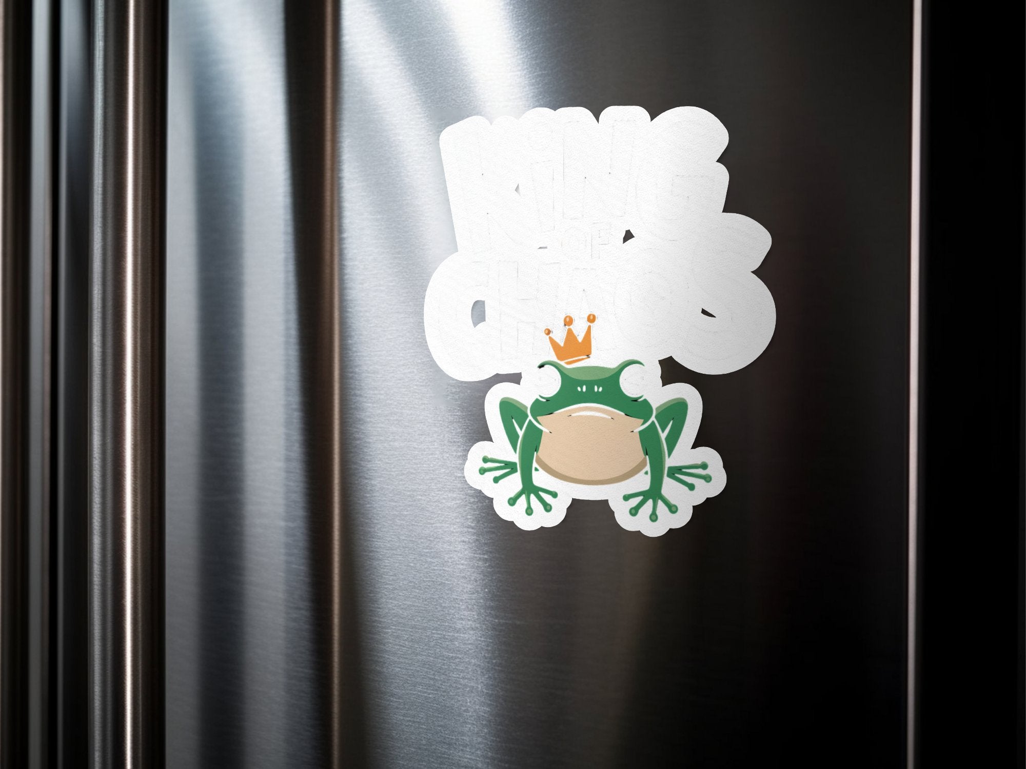 Sticker of a green frog wearing a crown, with text "King Frog" above.