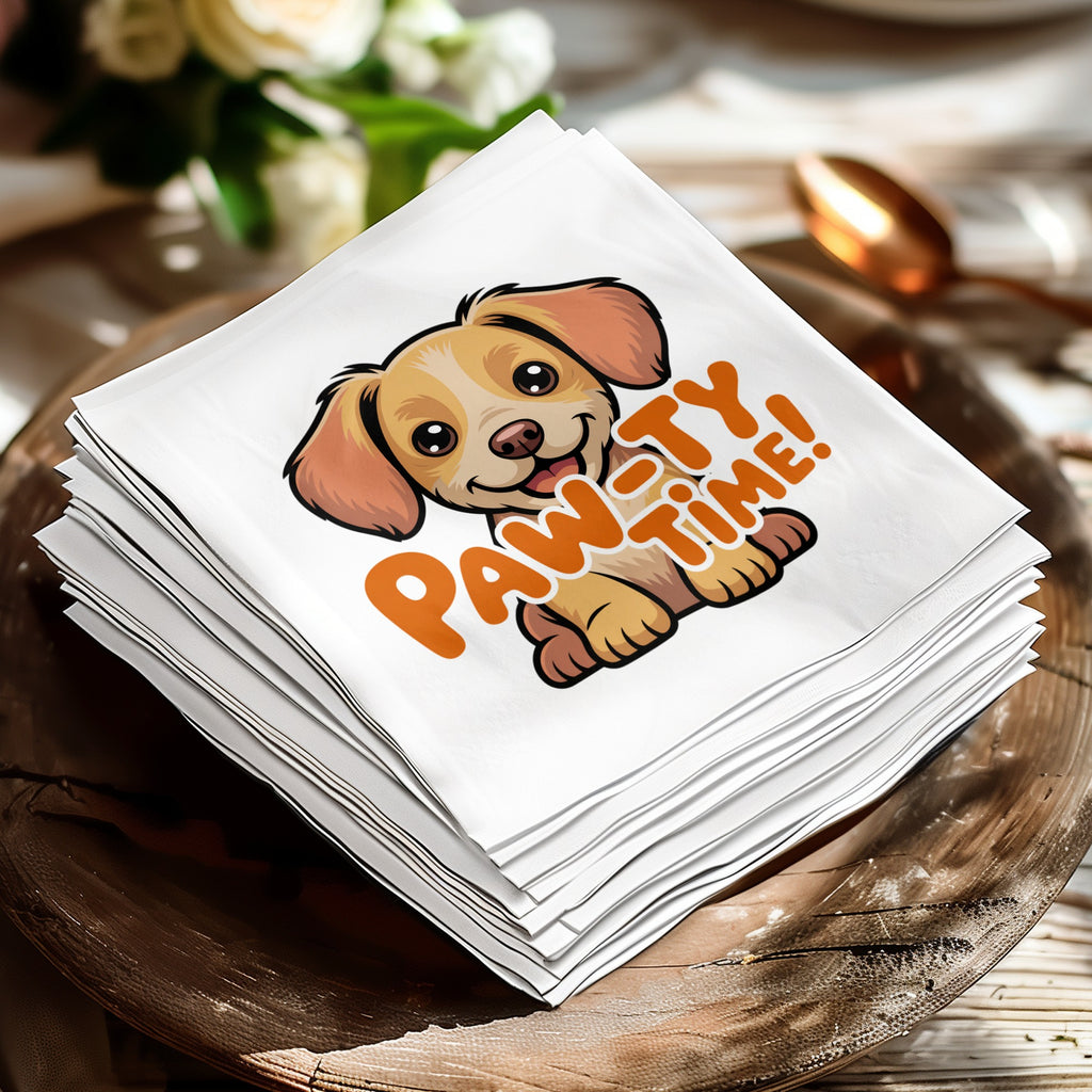 White napkin with cartoon dog and "Paw-ty Time!" text.
