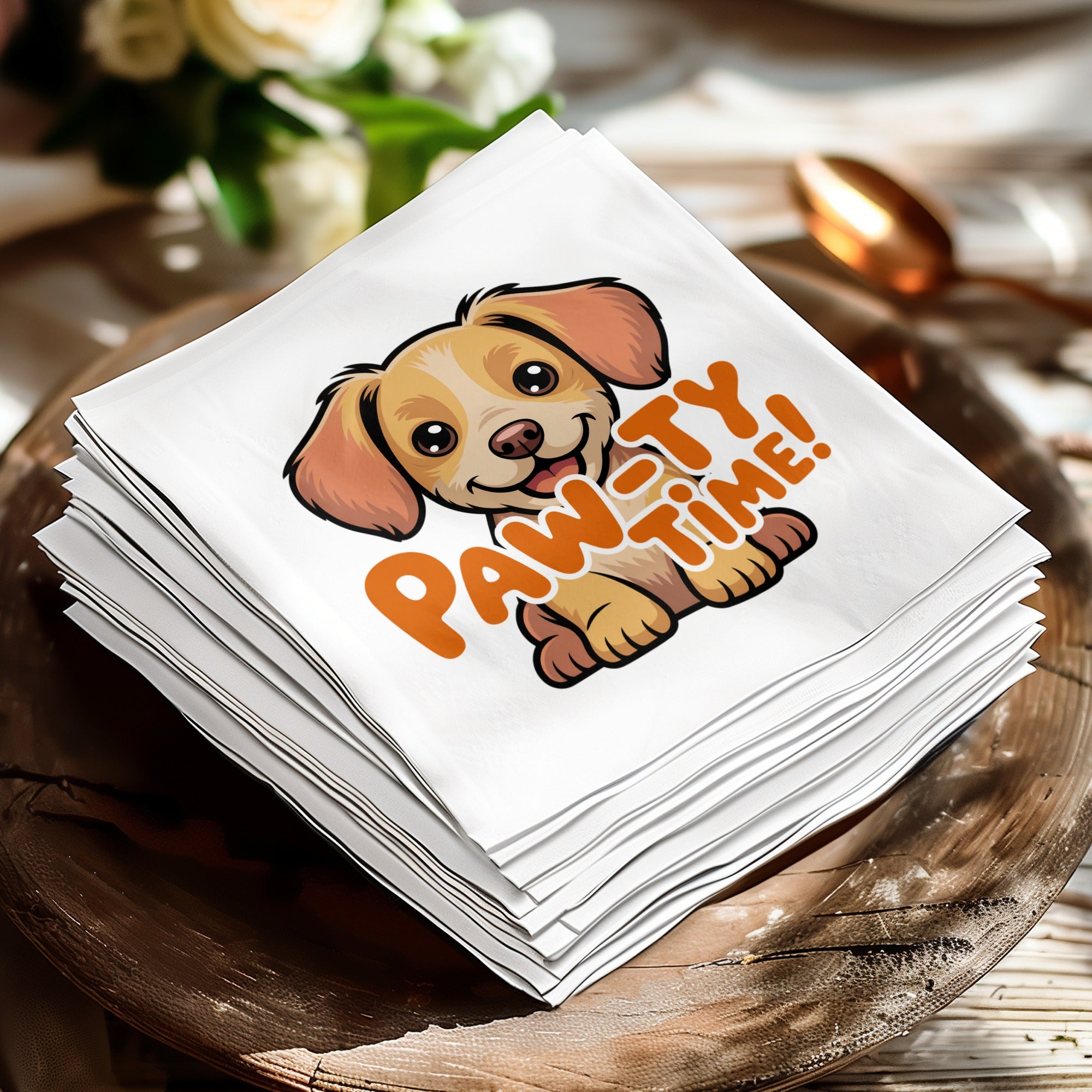 White napkin with cartoon dog and "Paw-ty Time!" text.
