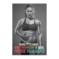 Split image shows a woman's softer side and muscular side with motivational text.