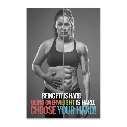 Split image shows a woman's softer side and muscular side with motivational text.
