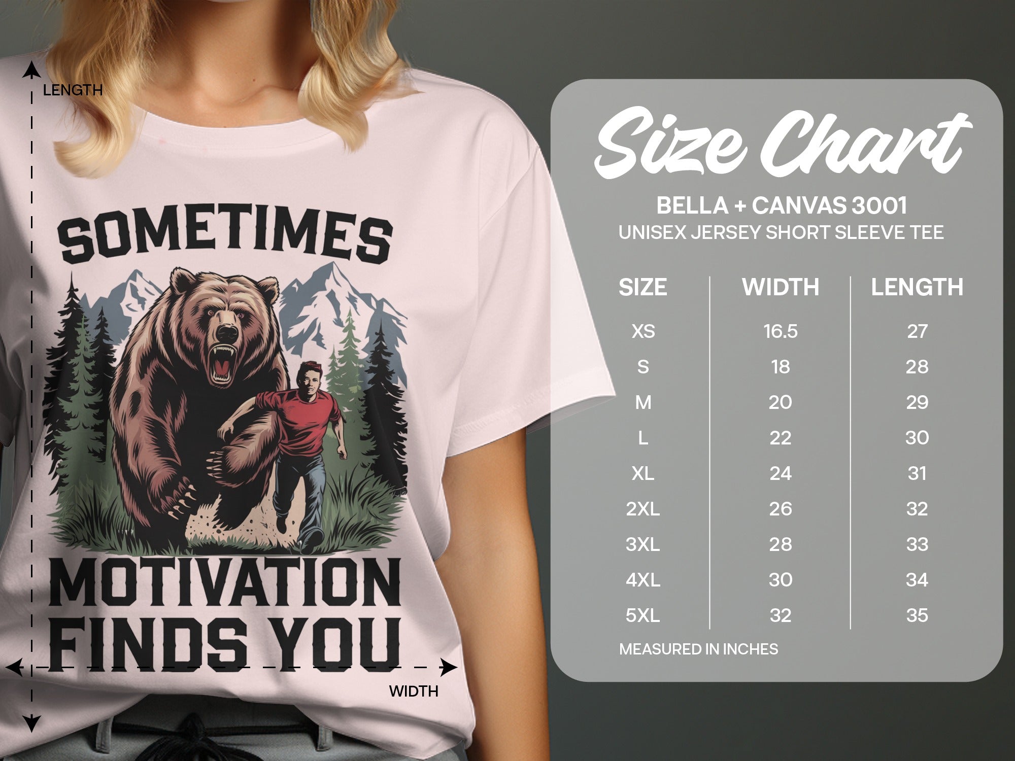 T-shirt graphic of bear and man with "Sometimes Motivation Finds You" text, and size chart.