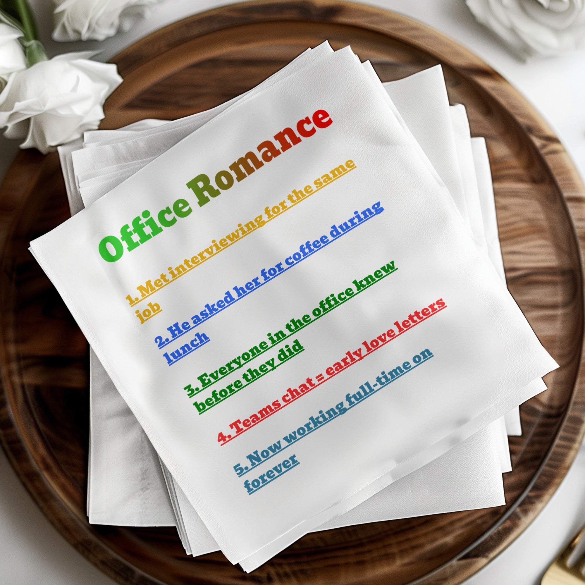 Office Romance list on white napkins, detailing five stages of a relationship.