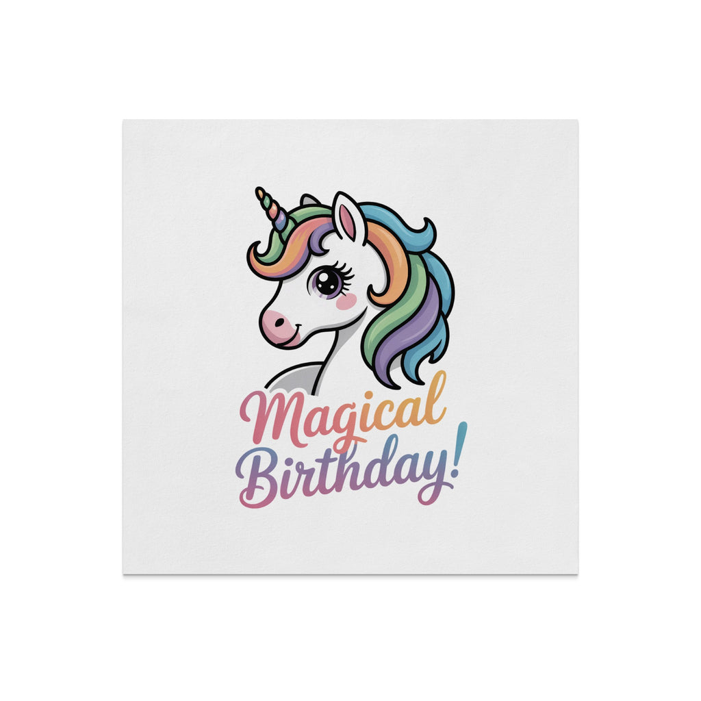 Cartoon unicorn head with rainbow mane and "Magical Birthday!" text.