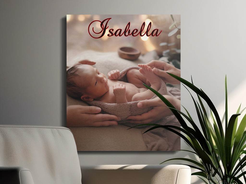 Newborn baby wrapped in blanket, held by hands, "Isabella" text.