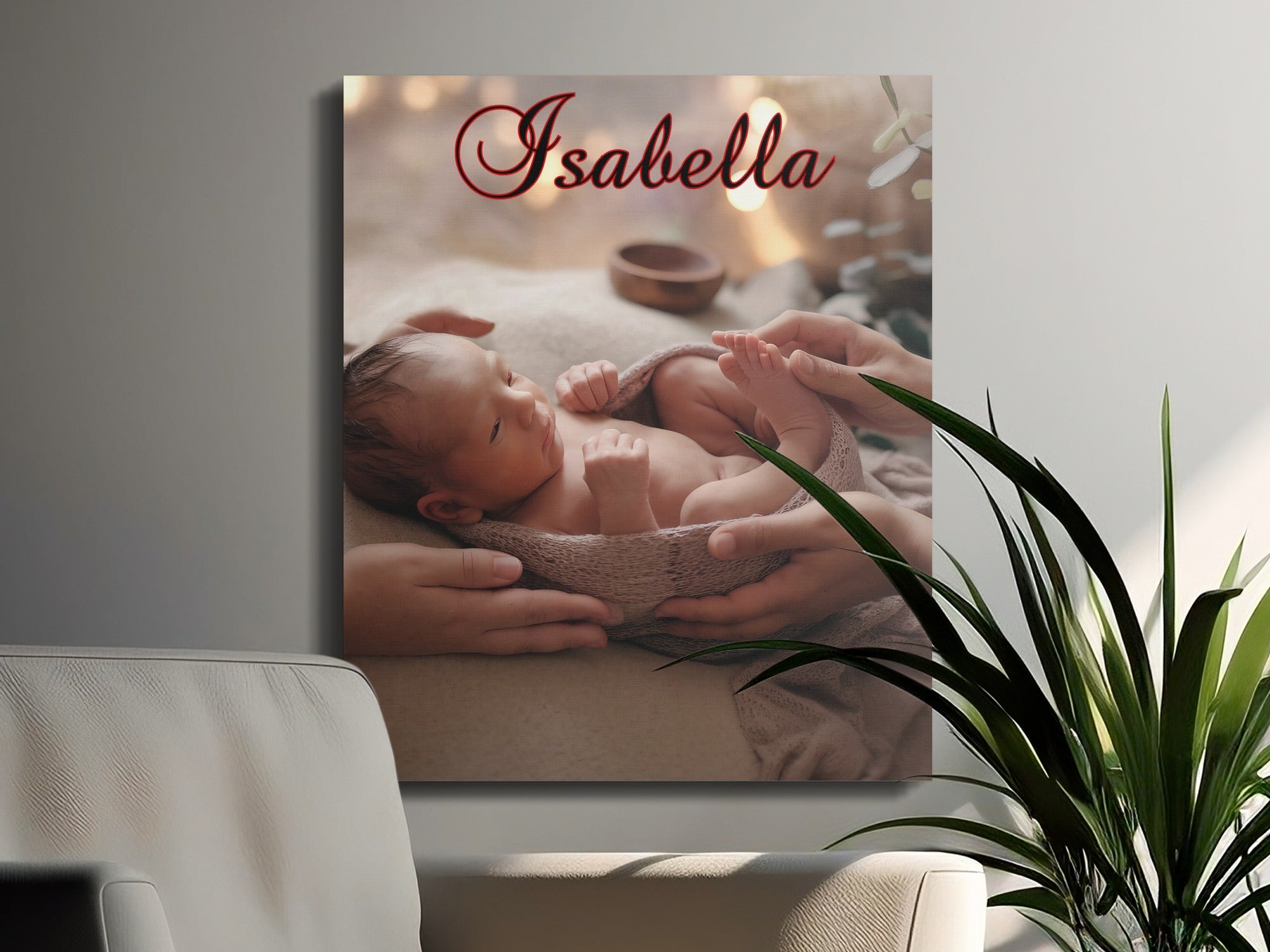Newborn baby wrapped in blanket, held by hands, "Isabella" text.