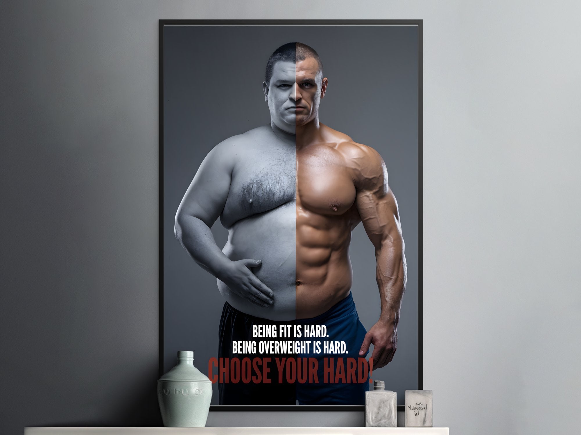 Man in before and after fitness transformation, with text "BEING FIT IS HARD. BEING OVERWEIGHT IS HARD. CHOOSE YOUR HARD."