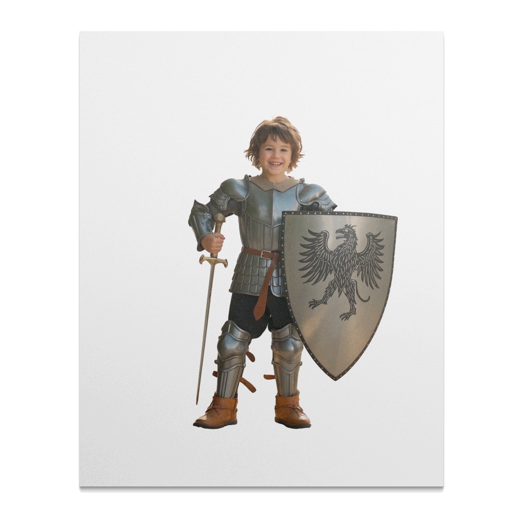 Child in full knight armor holding sword and shield with eagle emblem.