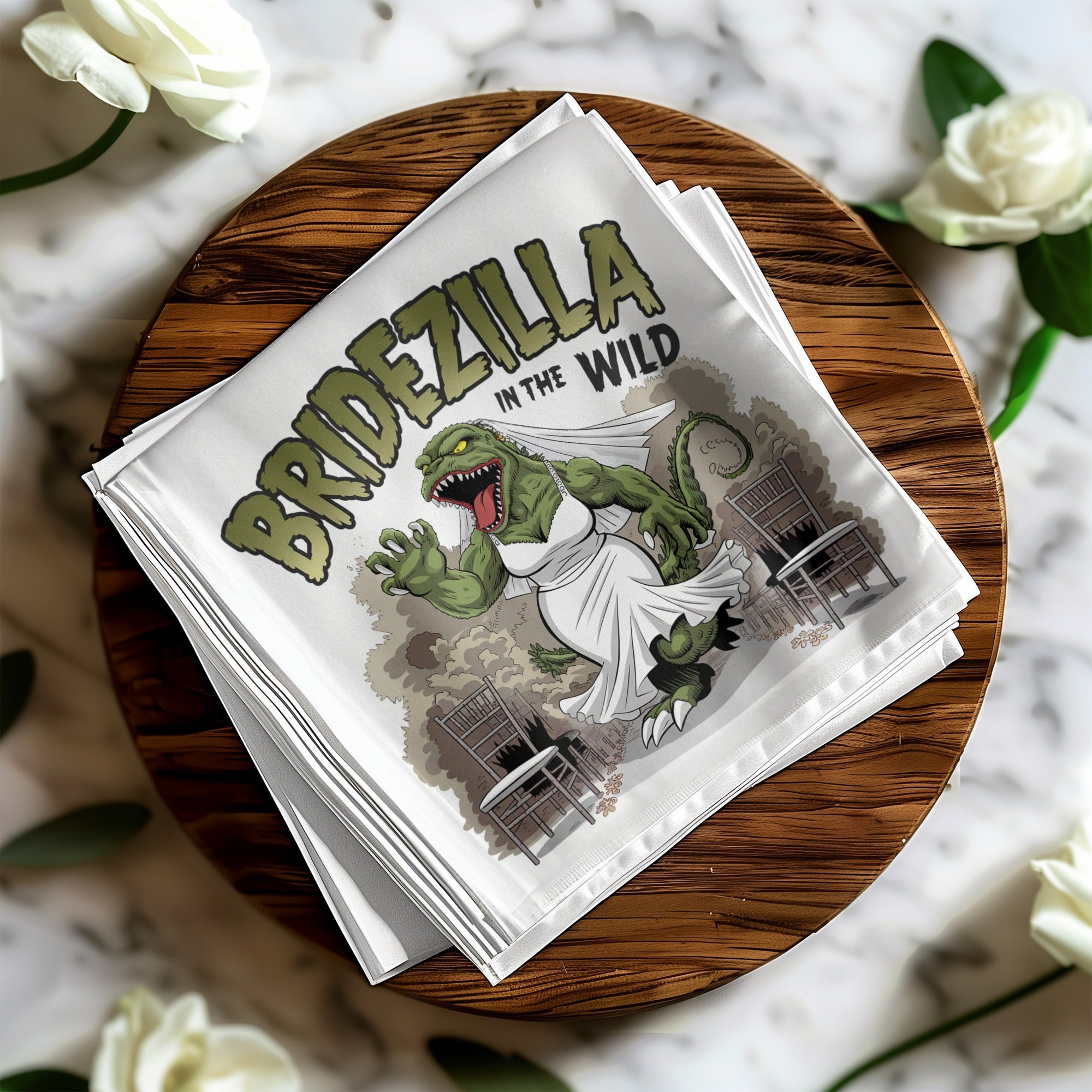 Bridezilla in the Wild graphic on a white napkin with chairs and roses.