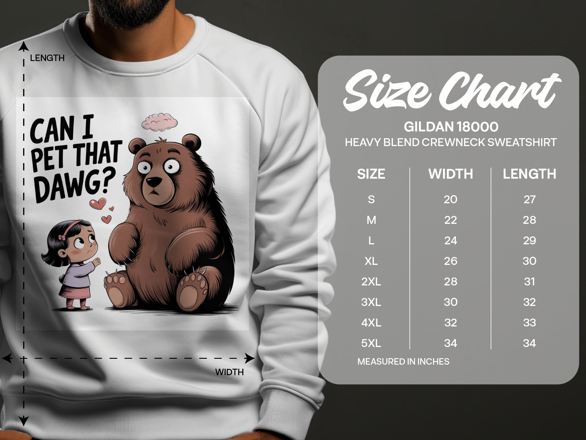 Bear and girl illustration asking "Can I pet that dawg?" with size chart.